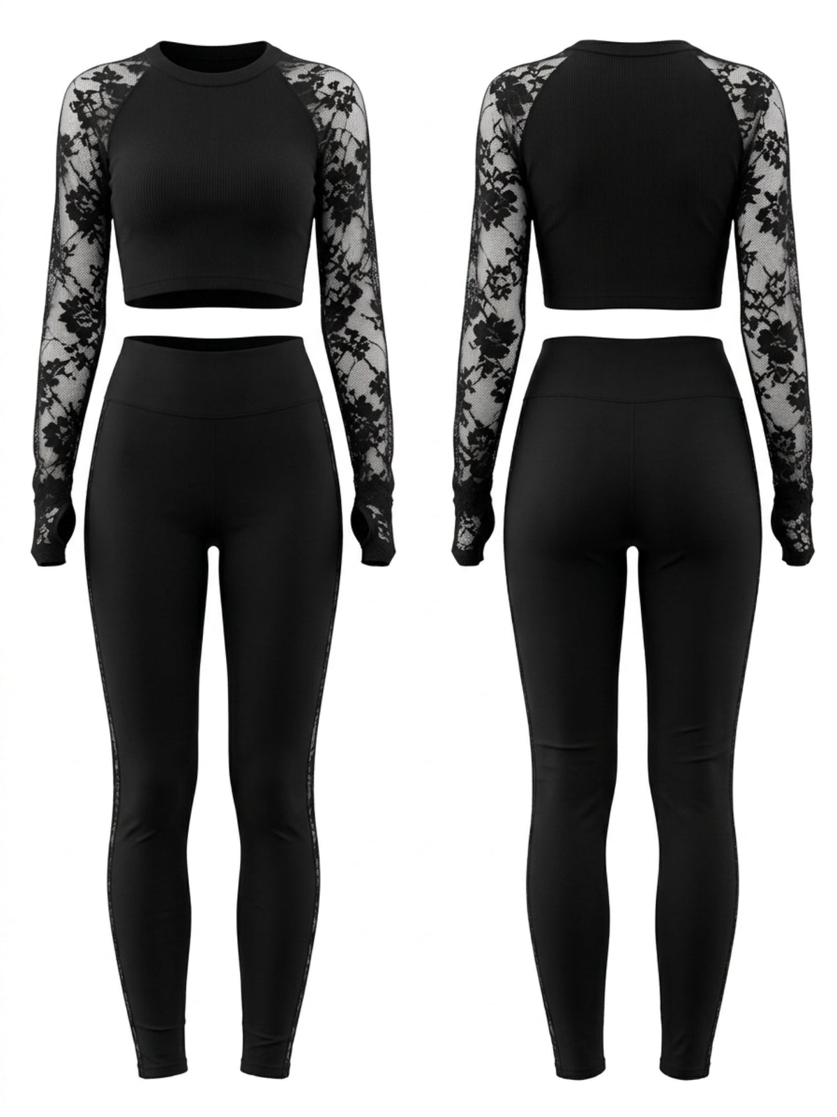 Lace Raglan Sleeve Crop Top Leggings 2 Piece Set