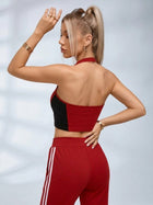 Lace Up Halter Crop Top Side Stripe Wide Leg Pants 2 Piece Set