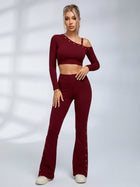 Slim Ribbed Cold Shoulder 2 Piece Outfit