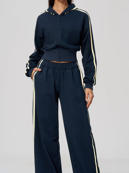 Women's Hooded Cropped Tracksuit with Wide-Leg Striped Trousers