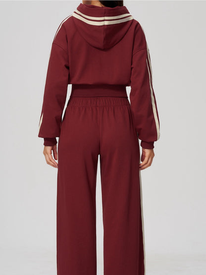 Women's Hooded Cropped Tracksuit with Wide-Leg Striped Trousers