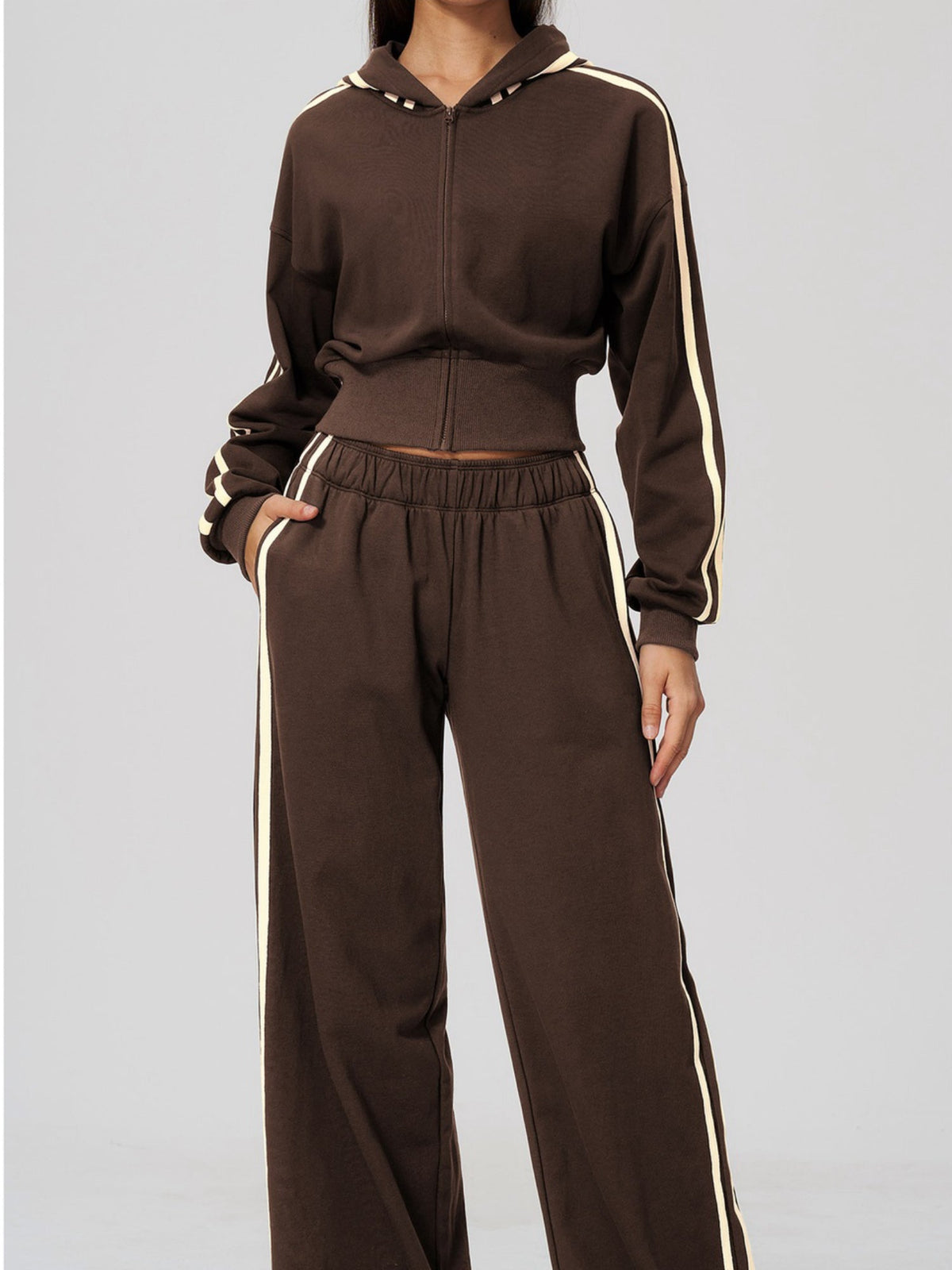 Women's Hooded Cropped Tracksuit with Wide-Leg Striped Trousers