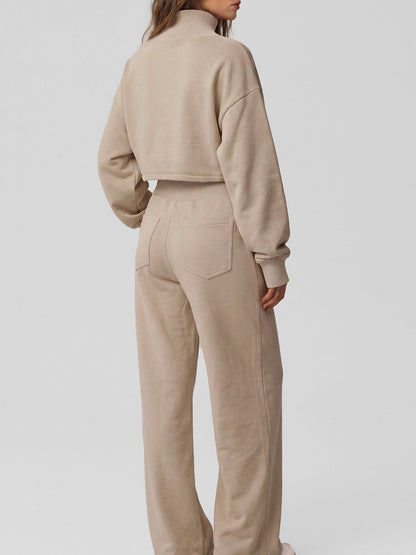 Women's Cropped Mock Neck Sweatshirt & Wide-Leg Sweatpants Two-Piece Set
