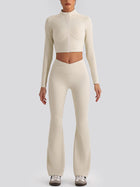 Women's Cropped Half-Zip Long Sleeve Top & Flared Leggings Set