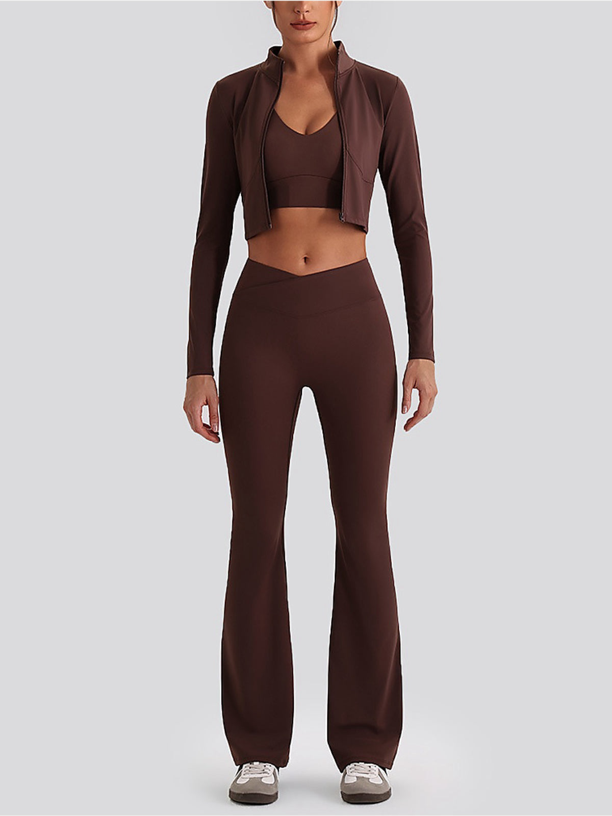 Women's Cropped Half-Zip Long Sleeve Top & Flared Leggings Set
