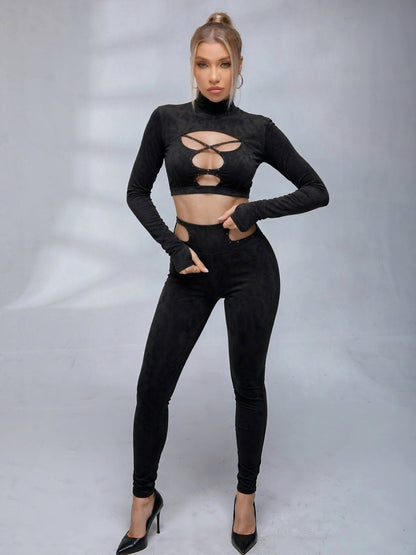 Black Cut-Out Studded Crop Top & Leggings Set
