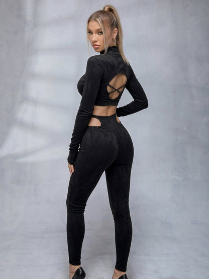 Black Cut-Out Studded Crop Top & Leggings Set