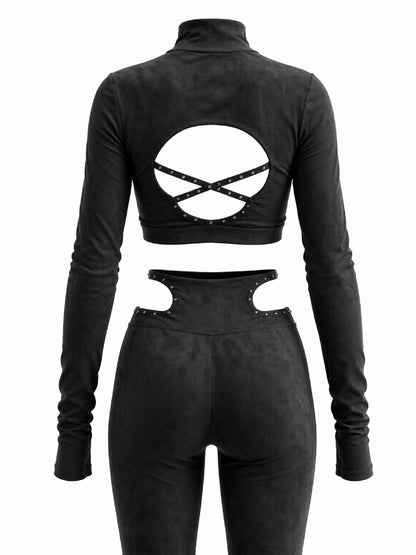 Black Cut-Out Studded Crop Top & Leggings Set