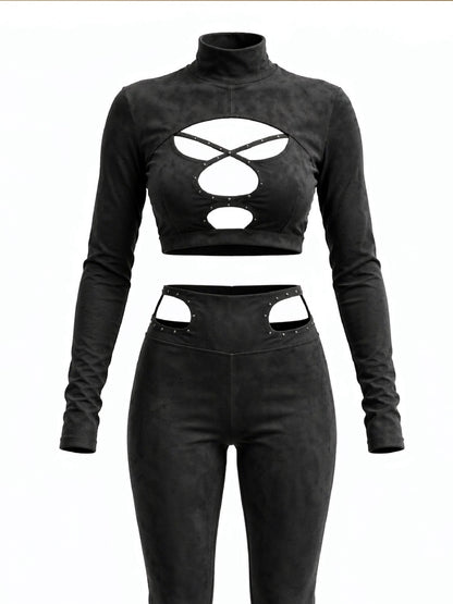 Black Cut-Out Studded Crop Top & Leggings Set