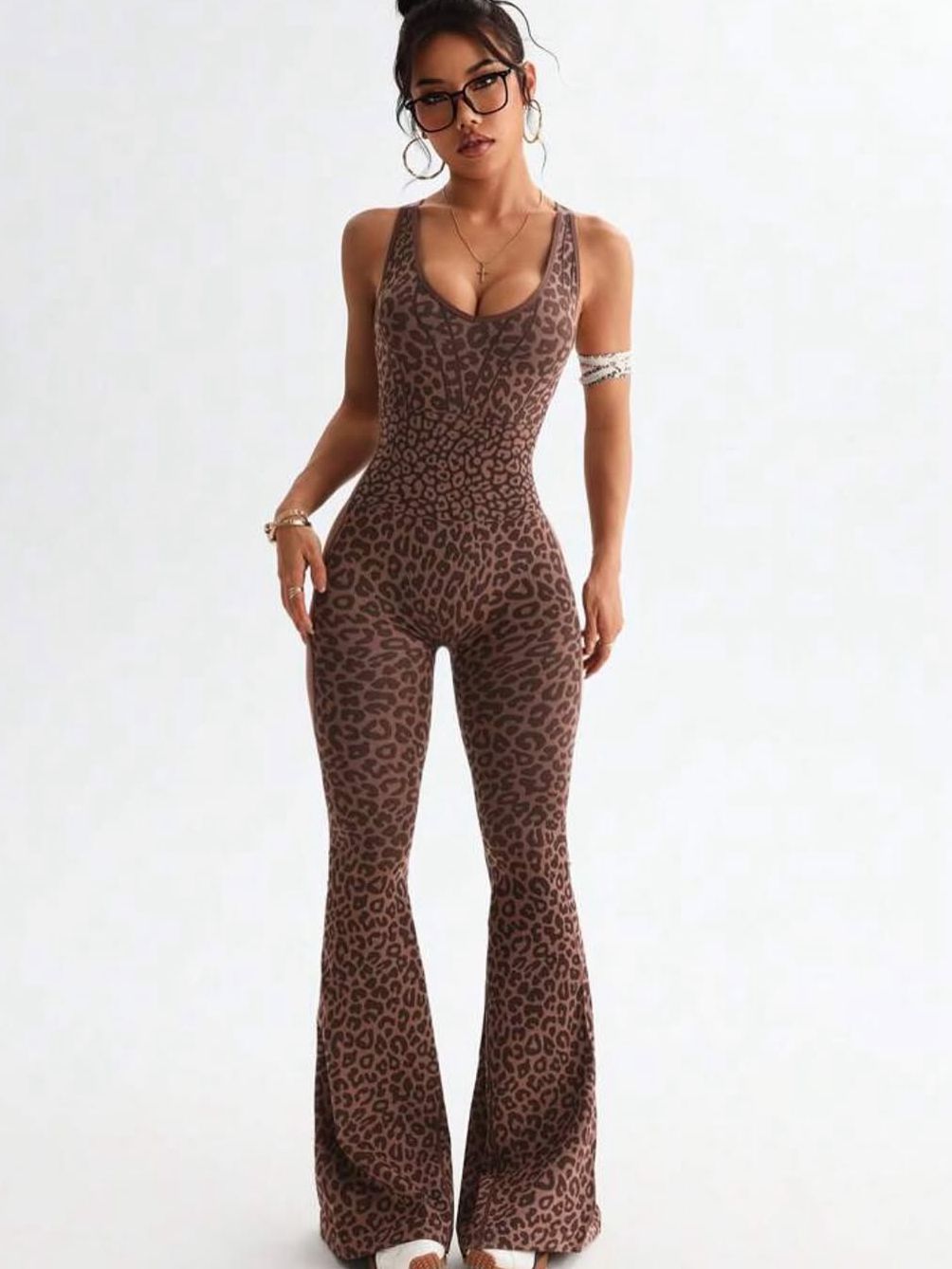 Sexy Leopard Print Hollow Out Cross Back Deep V Back Jumpsuit