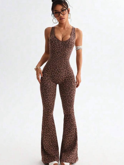 Sexy Leopard Print Hollow Out Cross Back Deep V Back Jumpsuit