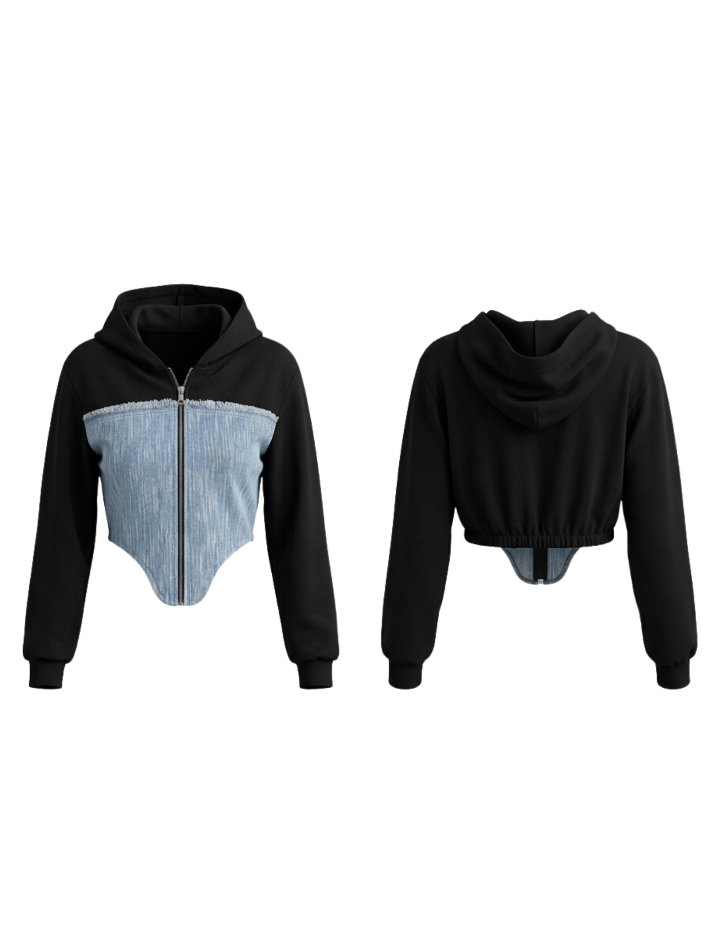 Contrast Color Denim Zipper Hoodie