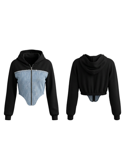 Contrast Color Denim Zipper Hoodie