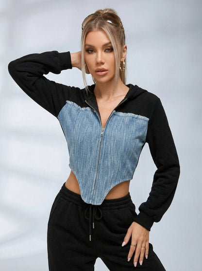 Contrast Color Denim Zipper Hoodie