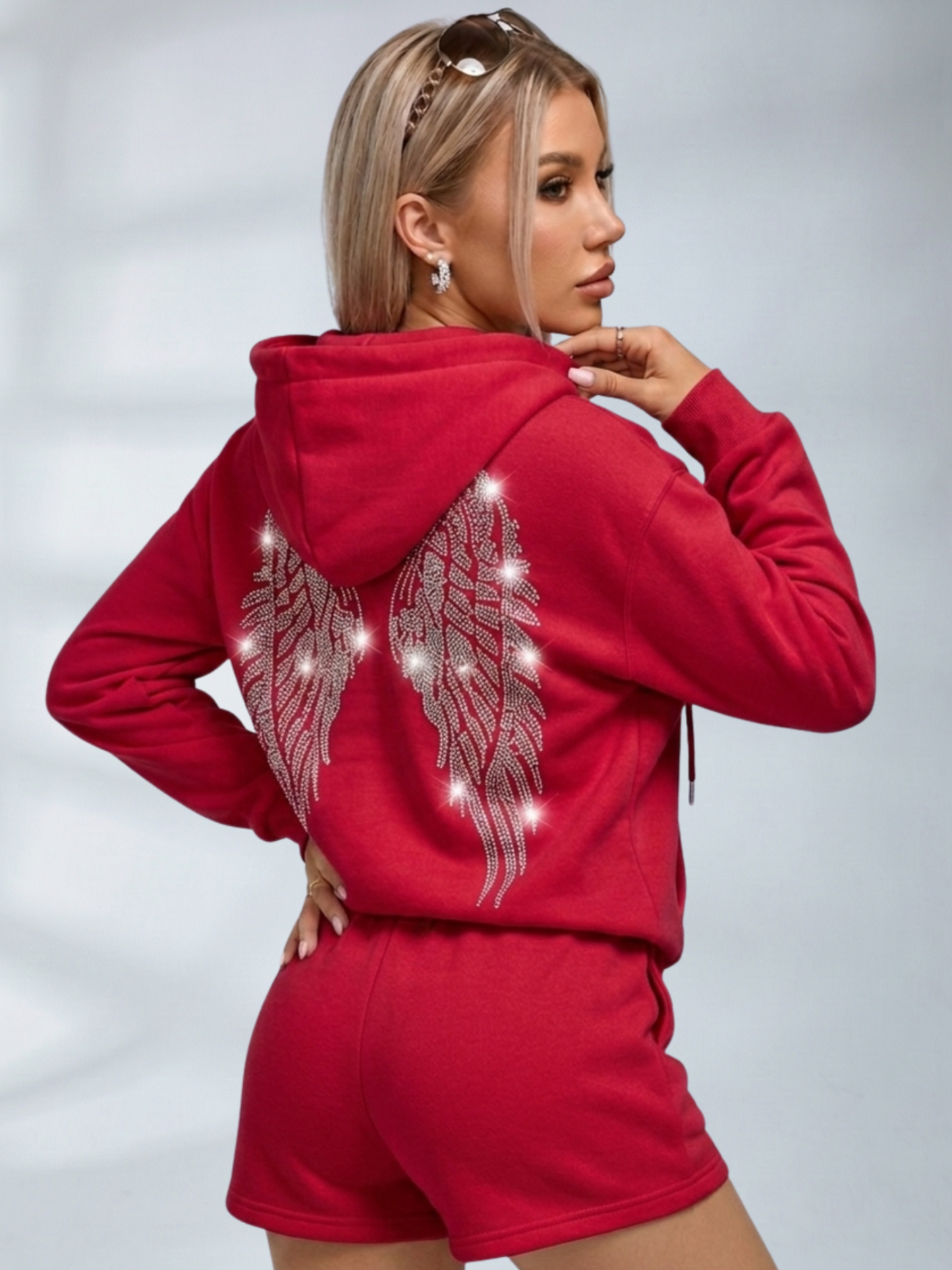Back Wing Rhinestone Pink Hoodie