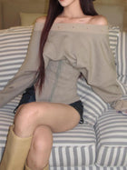Off Shoulder Corset Lace Up Waist Long Sleeve Top