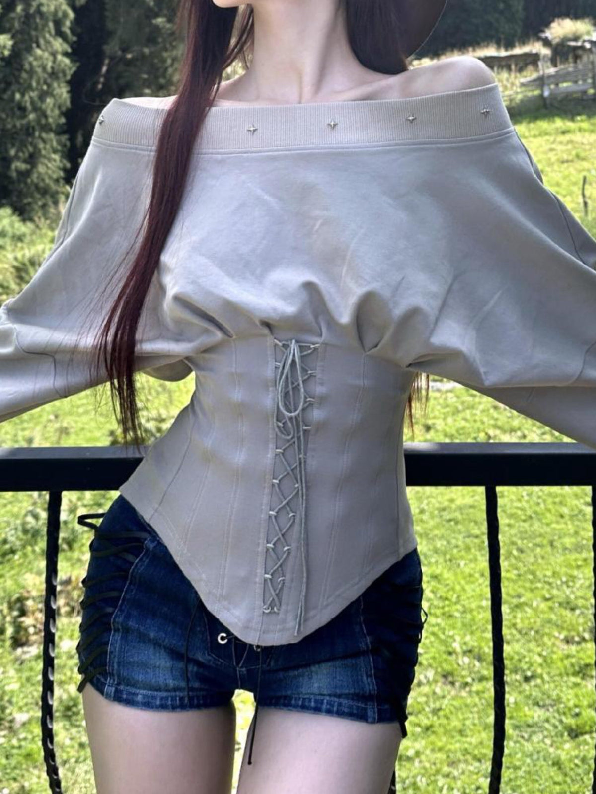 Off Shoulder Corset Lace Up Waist Long Sleeve Top