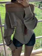 Off Shoulder Corset Lace Up Waist Long Sleeve Top