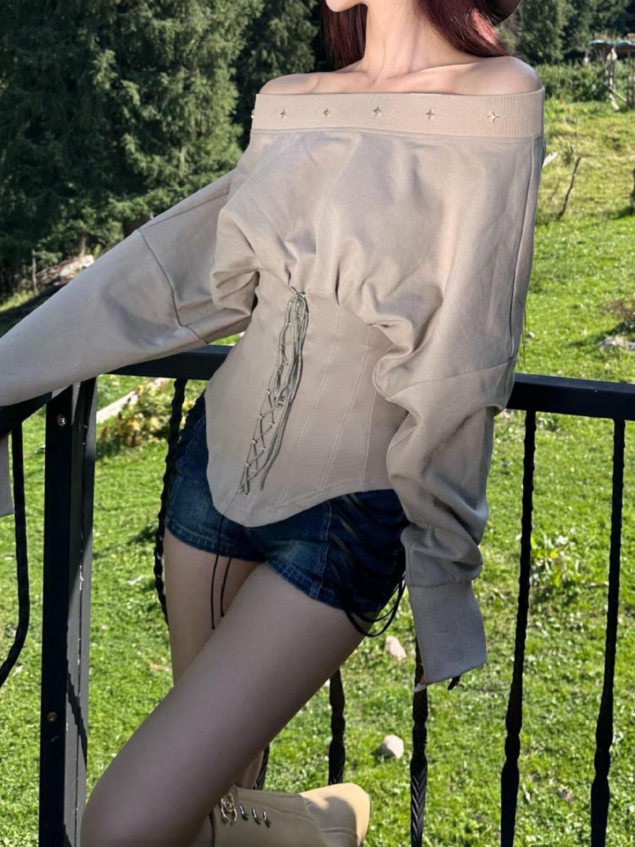 Off Shoulder Corset Lace Up Waist Long Sleeve Top