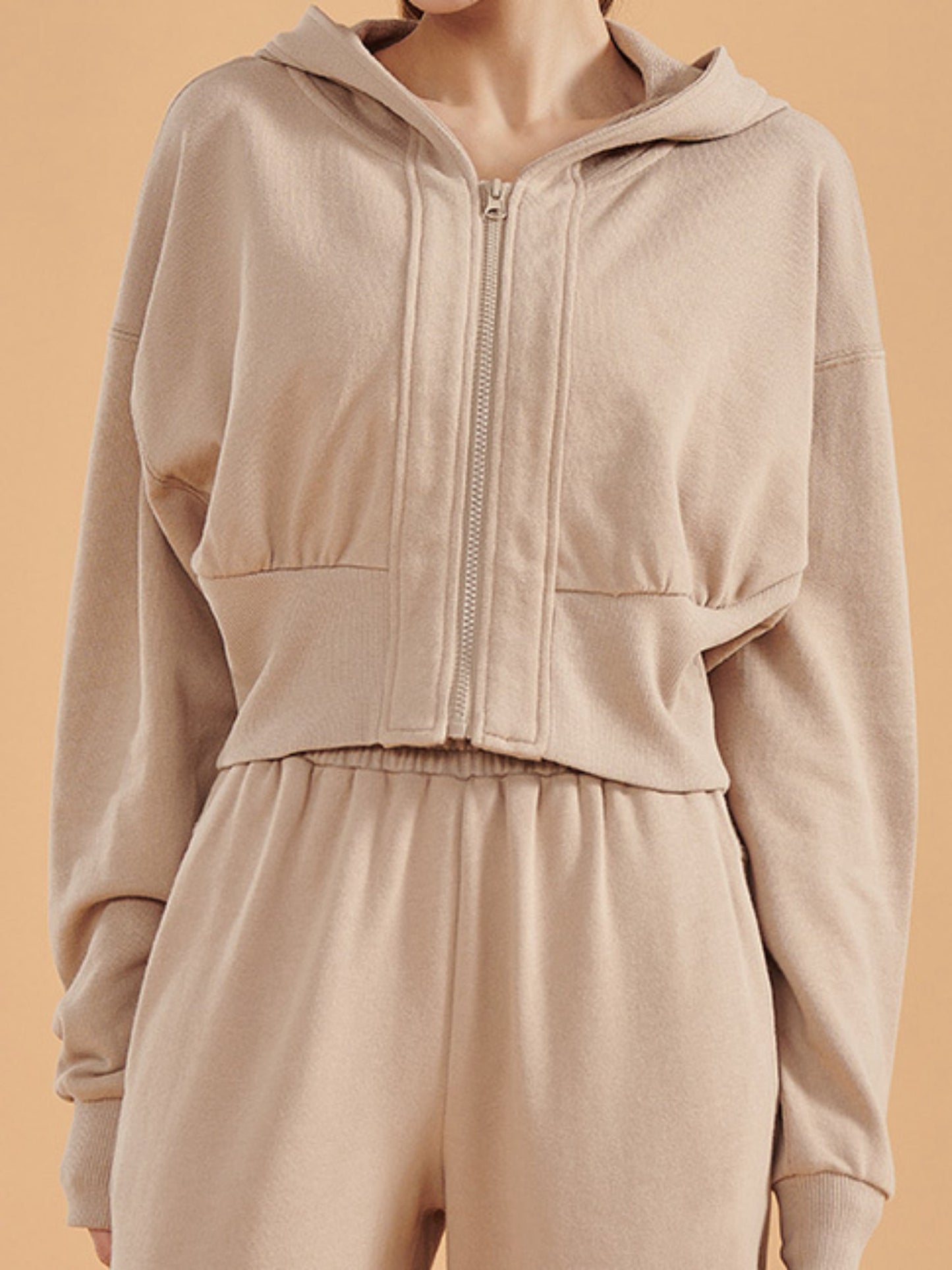 Cropped Zip Up Hooded Slim Waist Jacket