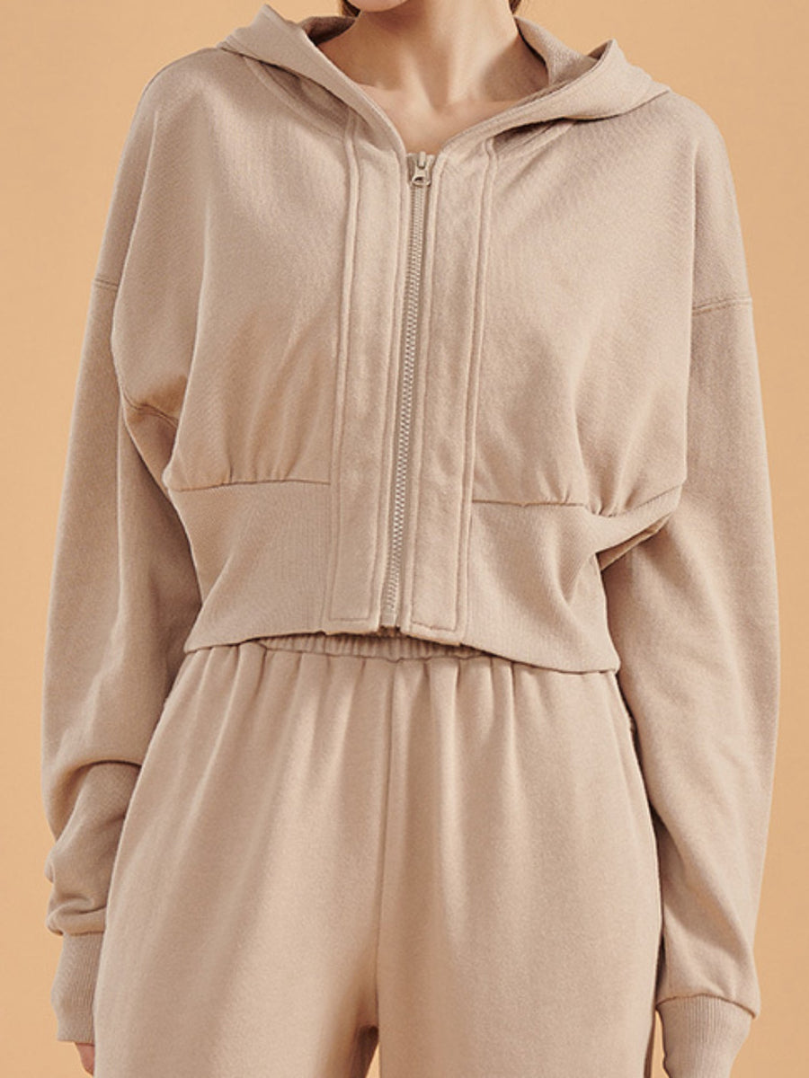 Cropped Zip Up Hooded Slim Waist Jacket