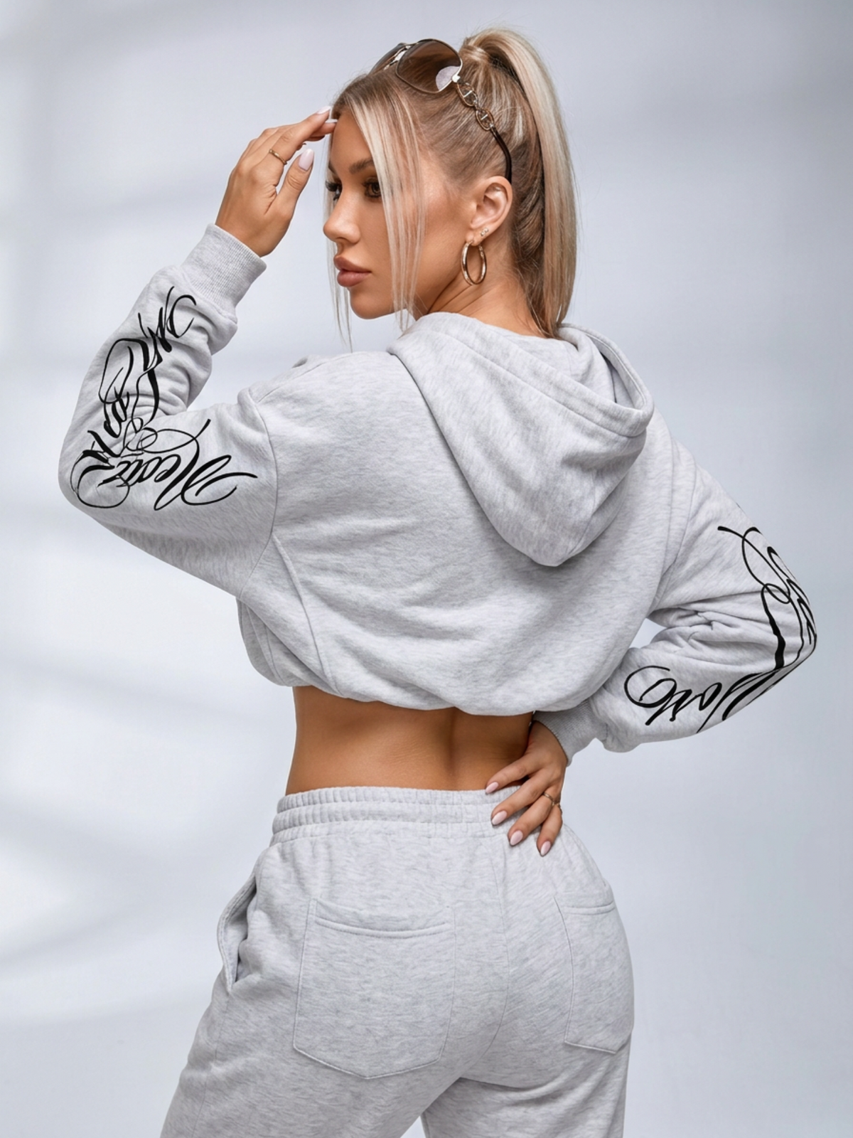 Script Letter Print Cropped Hoodie Tracksuit