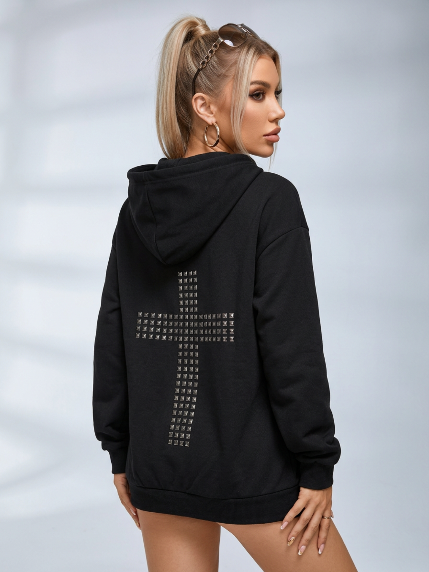 Back Cross Text Print Oversized Hoodie