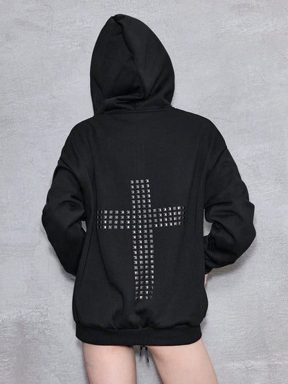 Back Cross Text Print Oversized Hoodie