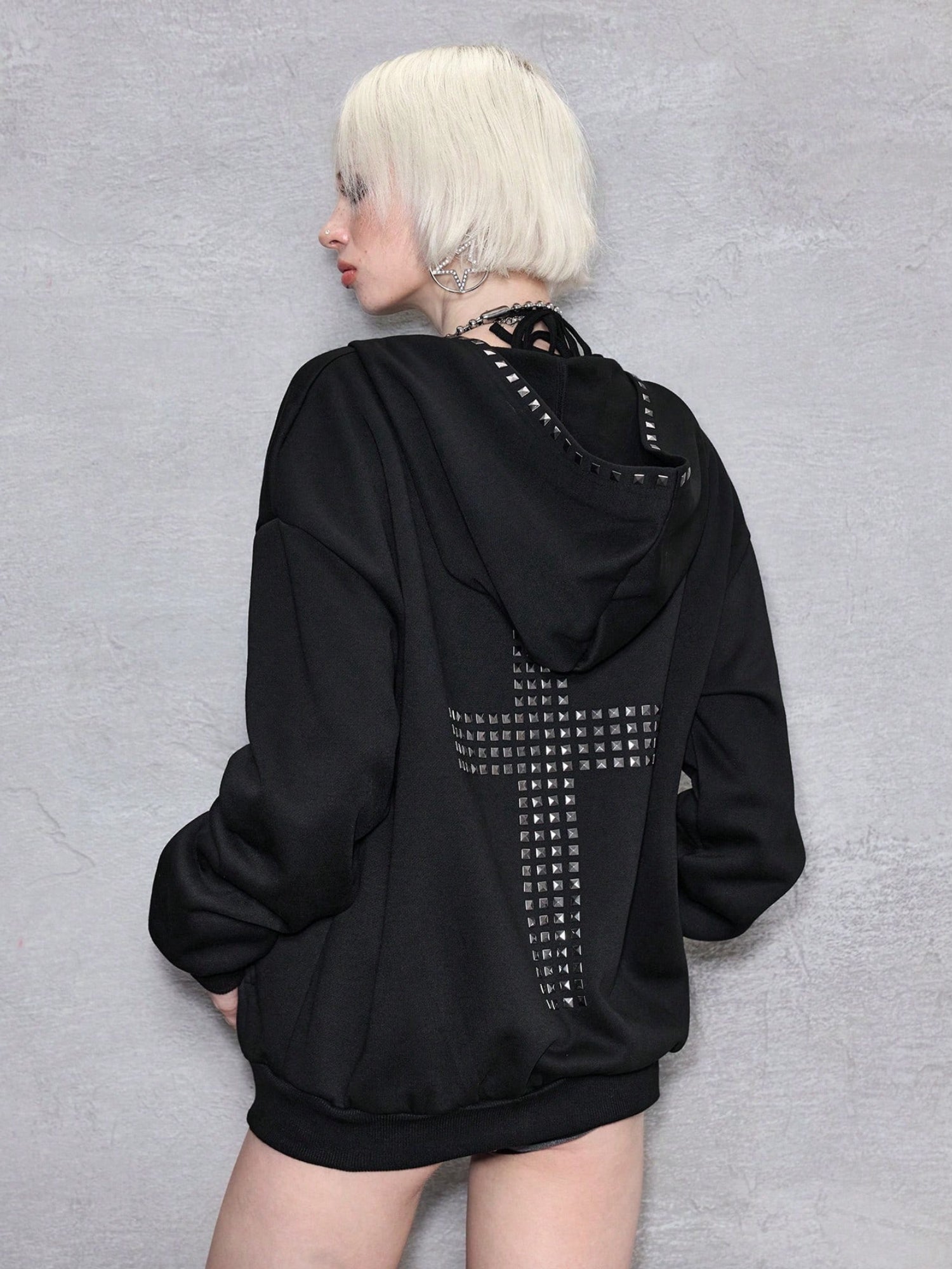 Back Cross Text Print Oversized Hoodie