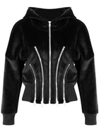 Velvet Multi-Zipper Waist Cinched Cropped Hooded Jacket