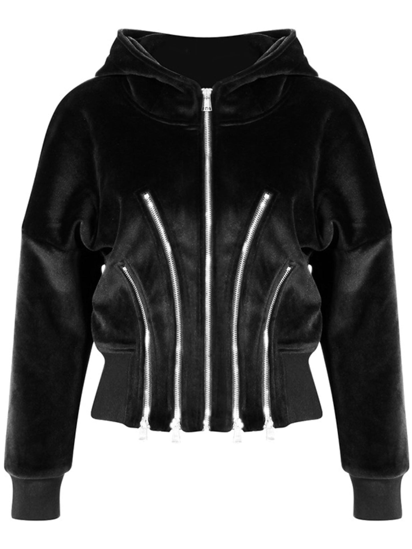 Velvet Multi-Zipper Waist Cinched Cropped Hooded Jacket