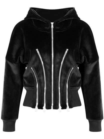 Velvet Multi-Zipper Waist Cinched Cropped Hooded Jacket
