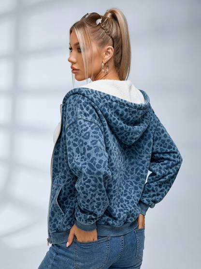 Denim Leopard Print Zip Up Hooded Jacket