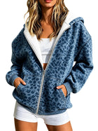 Denim Leopard Print Zip Up Hooded Jacket