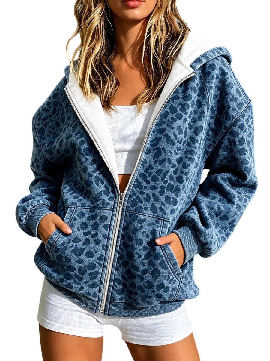 Denim Leopard Print Zip Up Hooded Jacket