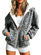 Denim Leopard Print Zip Up Hooded Jacket