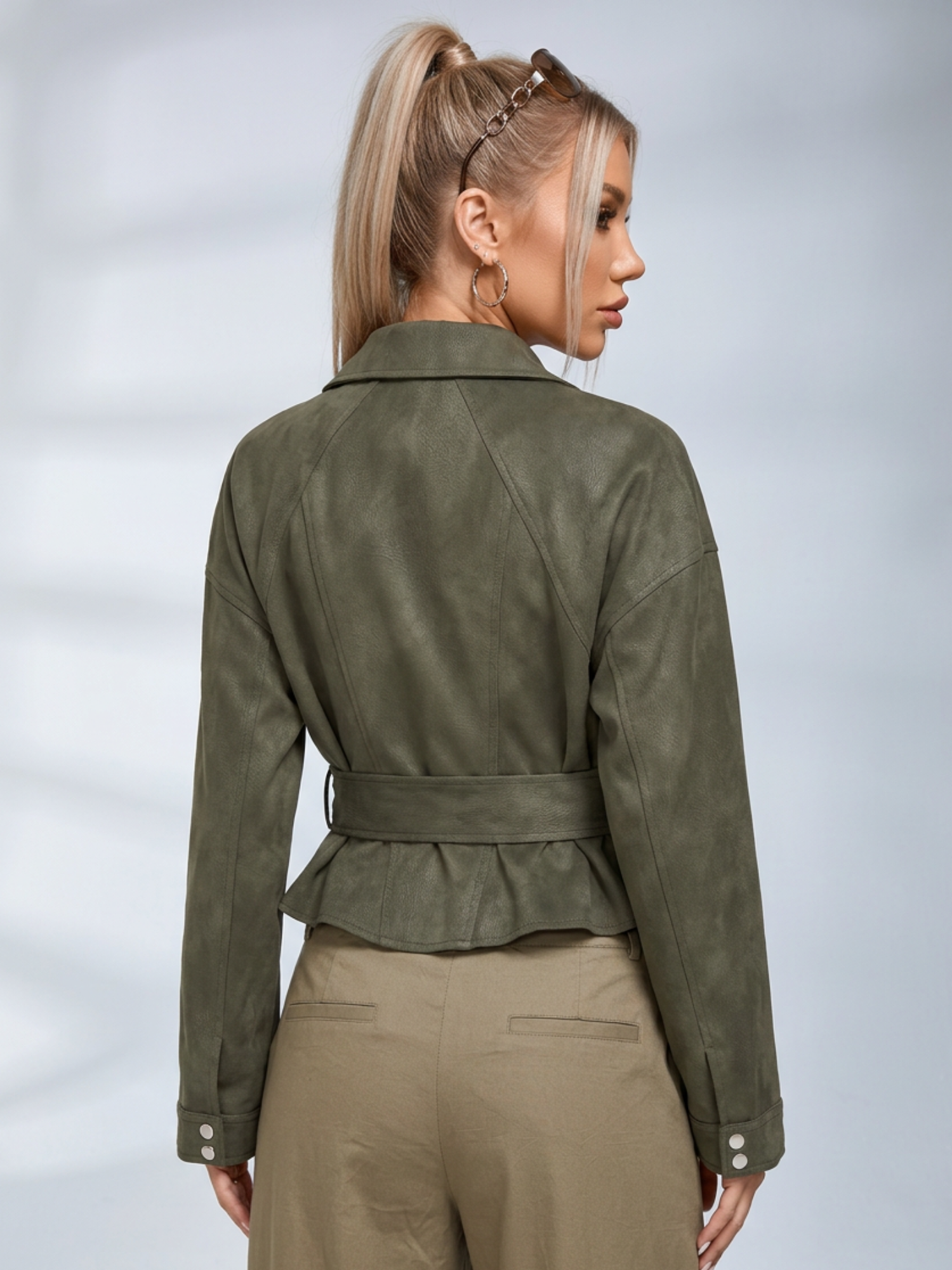 Olive Belted Waist Stand Collar Cropped Jacket