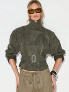 Olive Belted Waist Stand Collar Cropped Jacket