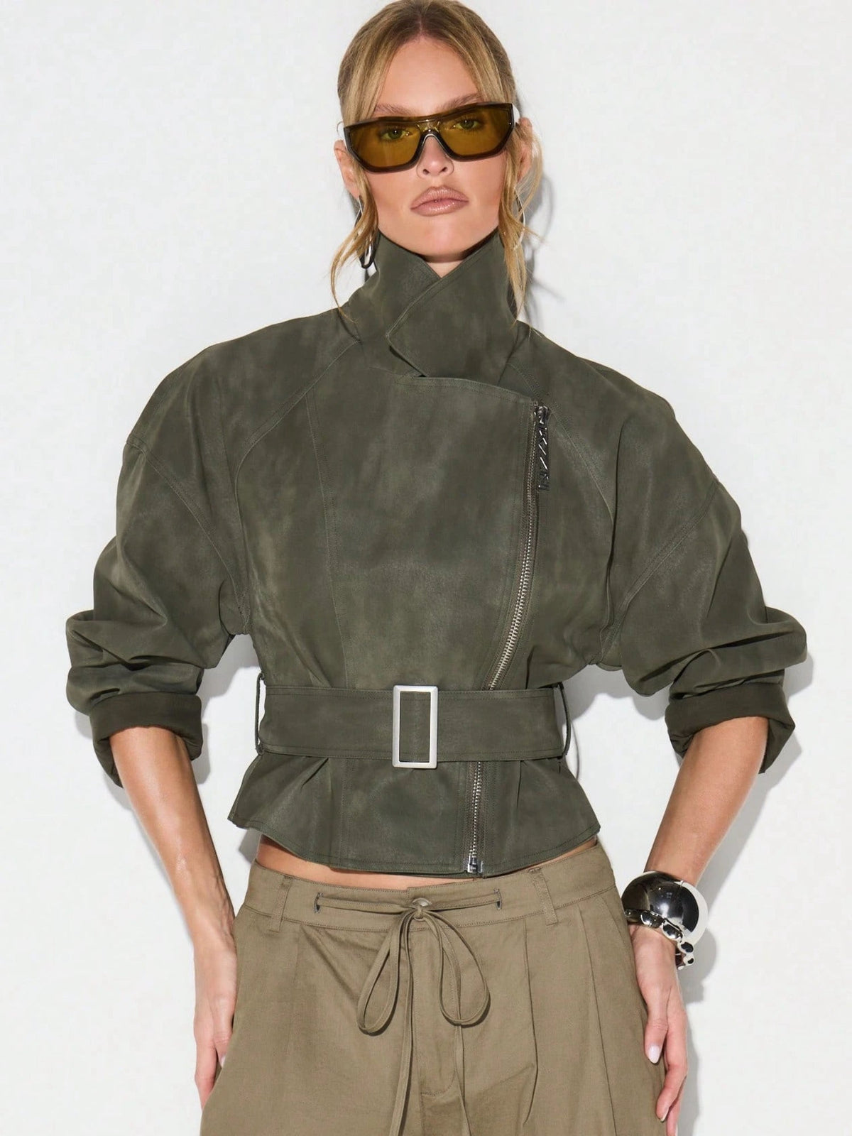 Olive Belted Waist Stand Collar Cropped Jacket