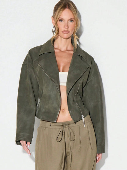 Olive Belted Waist Stand Collar Cropped Jacket