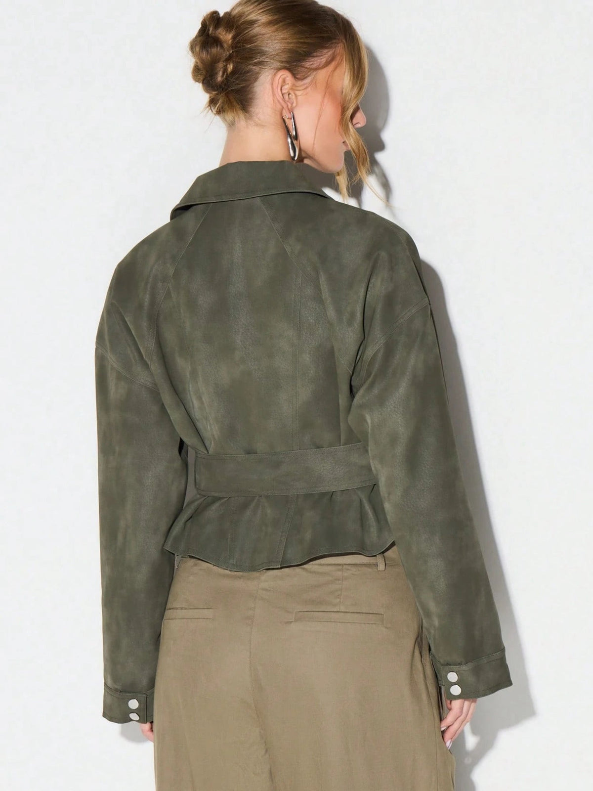Olive Belted Waist Stand Collar Cropped Jacket