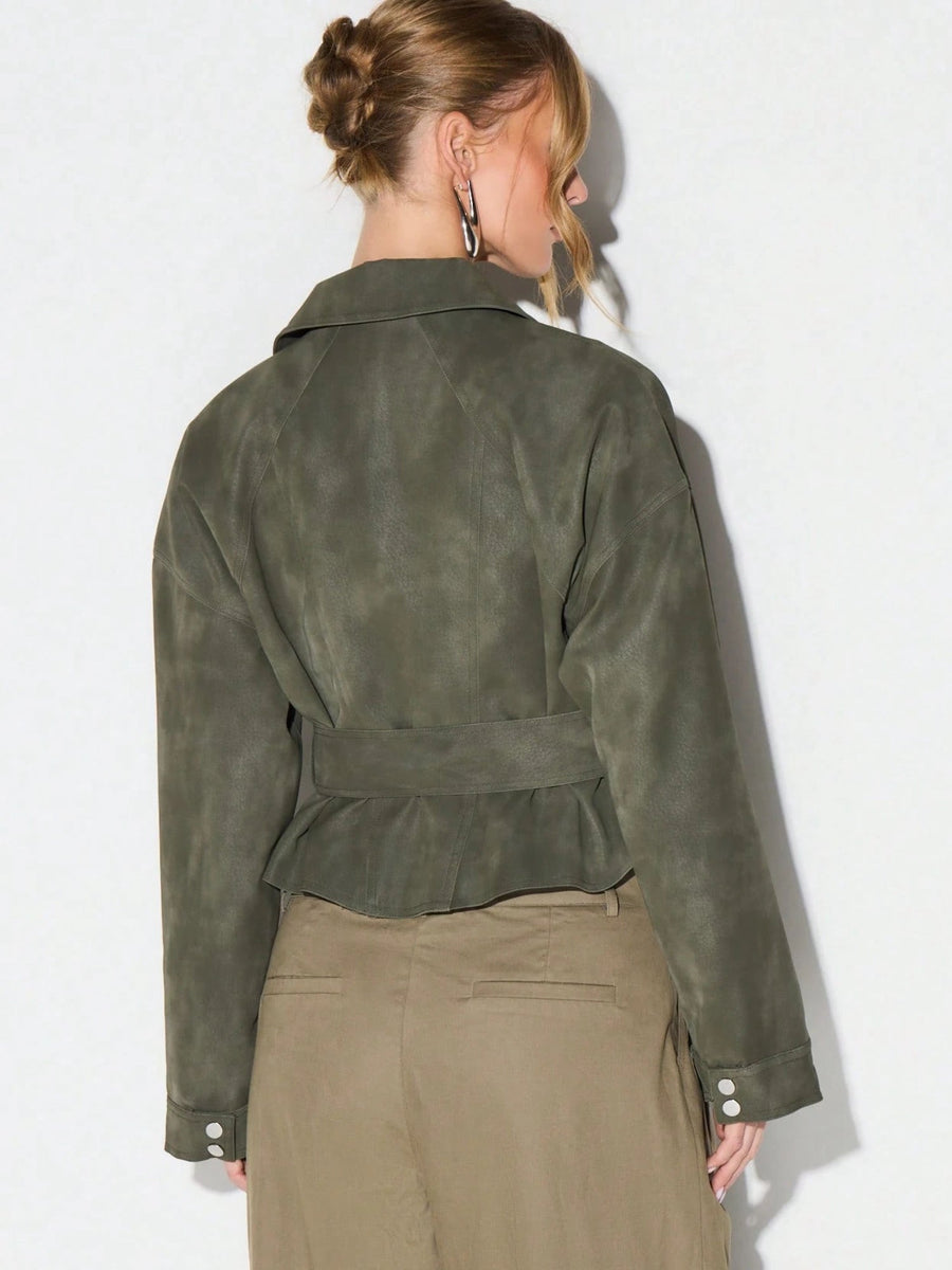 Olive Belted Waist Stand Collar Cropped Jacket