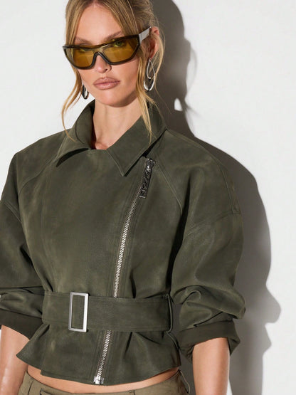 Olive Belted Waist Stand Collar Cropped Jacket