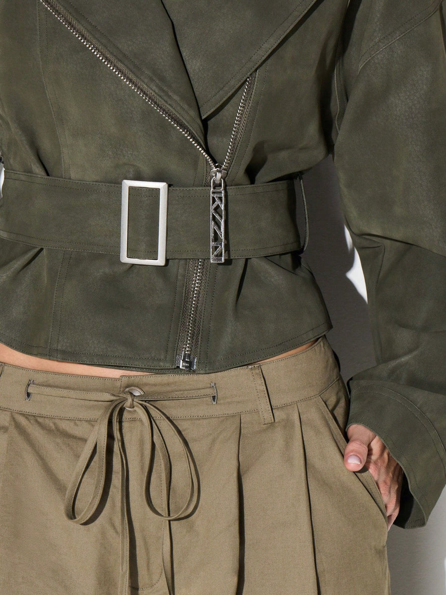 Olive Belted Waist Stand Collar Cropped Jacket