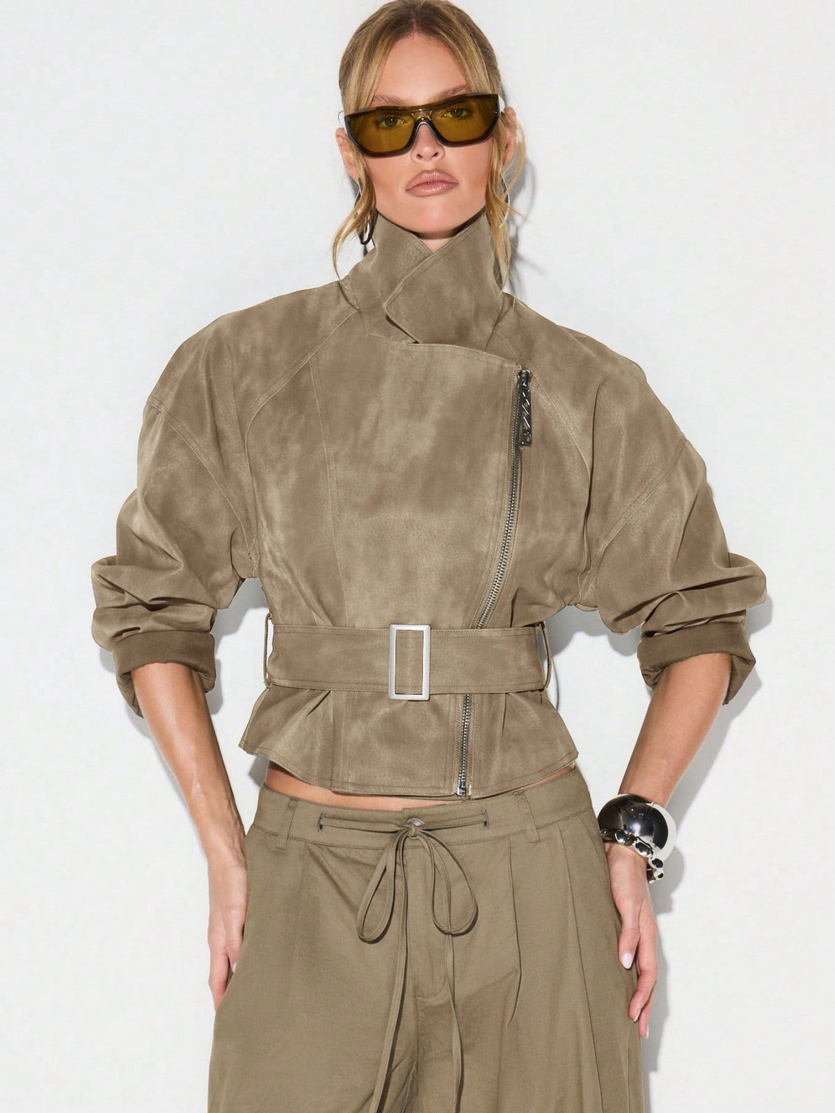 Olive Belted Waist Stand Collar Cropped Jacket