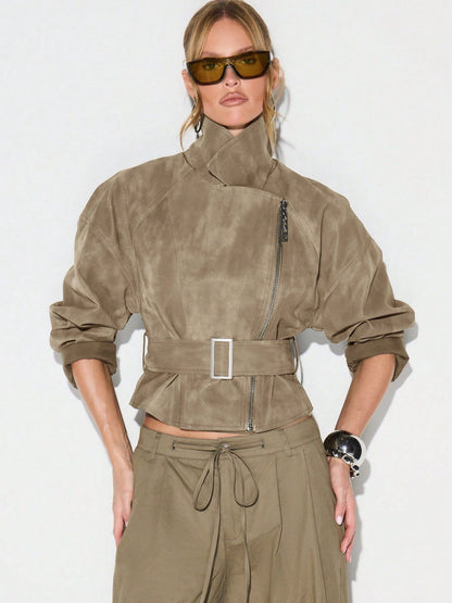 Olive Belted Waist Stand Collar Cropped Jacket