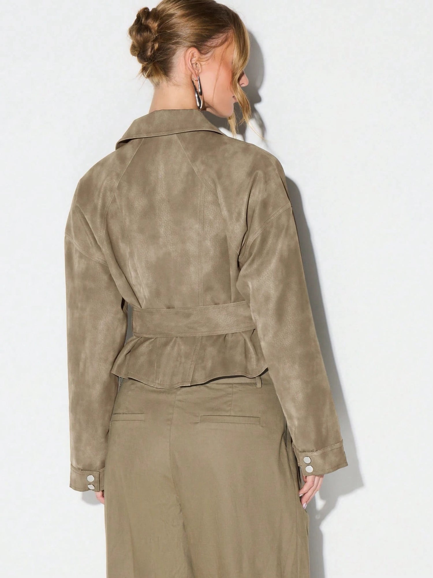 Olive Belted Waist Stand Collar Cropped Jacket