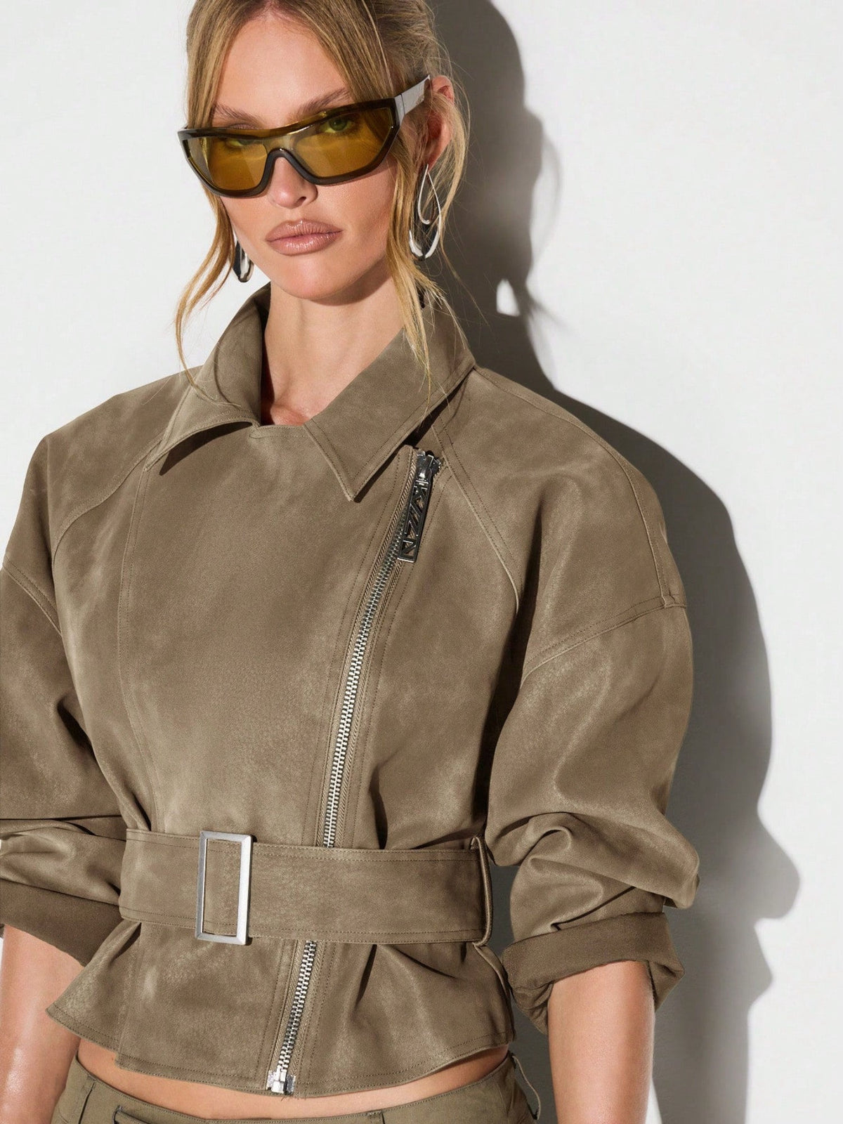Olive Belted Waist Stand Collar Cropped Jacket