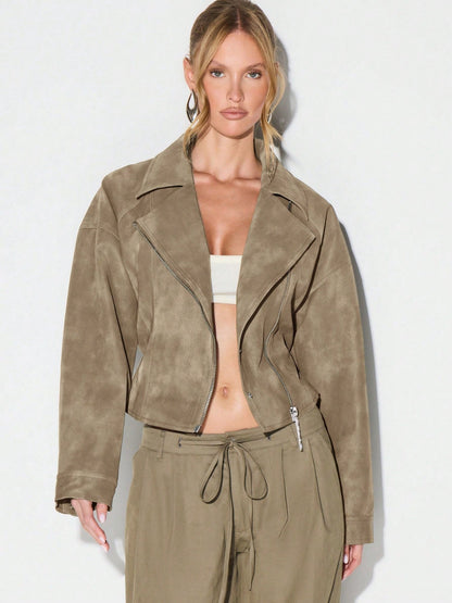 Olive Belted Waist Stand Collar Cropped Jacket