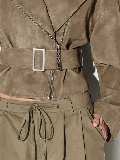 Olive Belted Waist Stand Collar Cropped Jacket